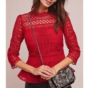Anthropologie Lace Peplum Top Red Size 6 Petite